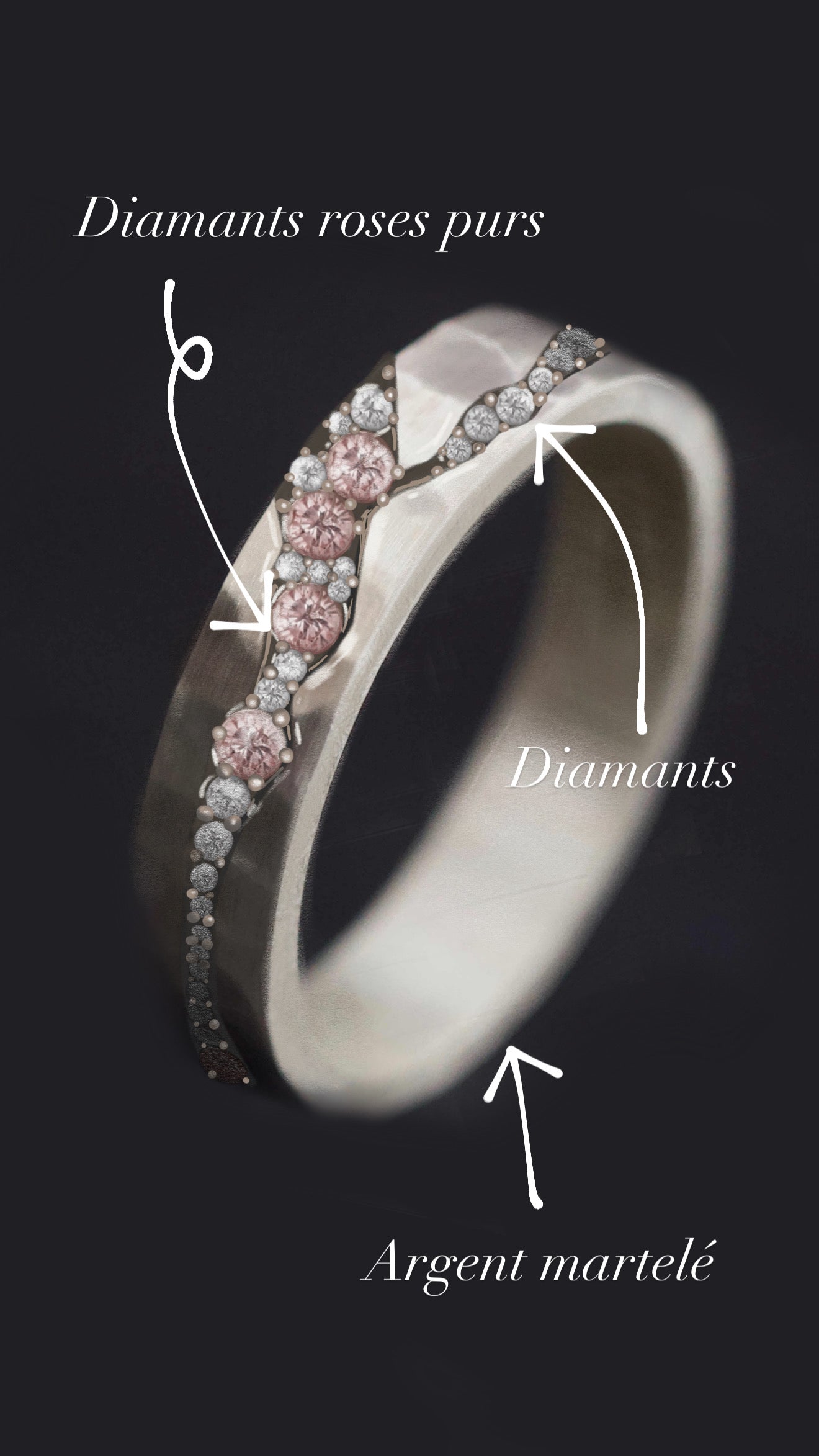 Deux tiers Hanairo serti des diamants purs et diamants blancs pour bague mood interchangeable