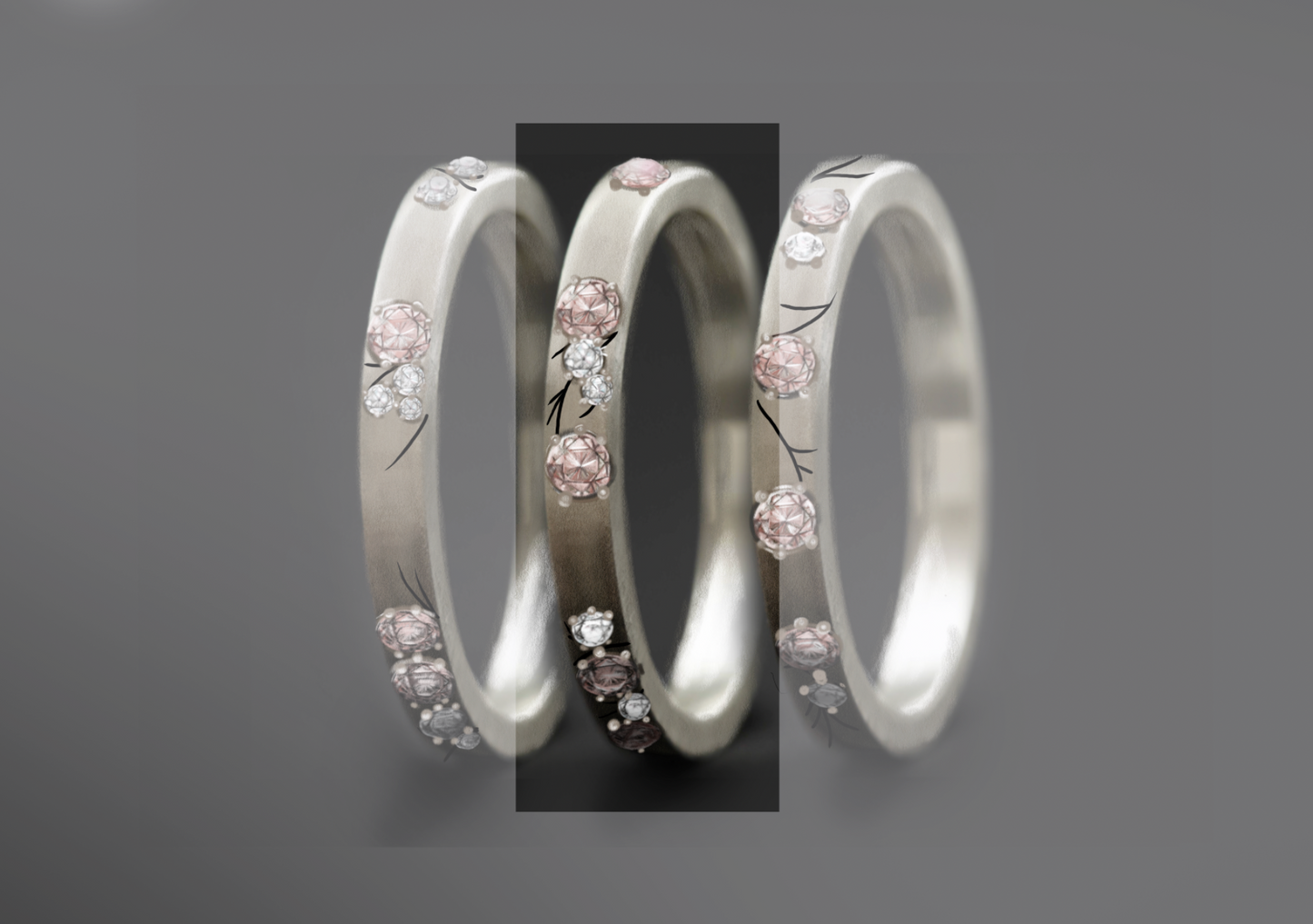 Anneau en argent (addon medium) Hanami 02 avec diamants et diamant rose Pur pour bague mood de luxe