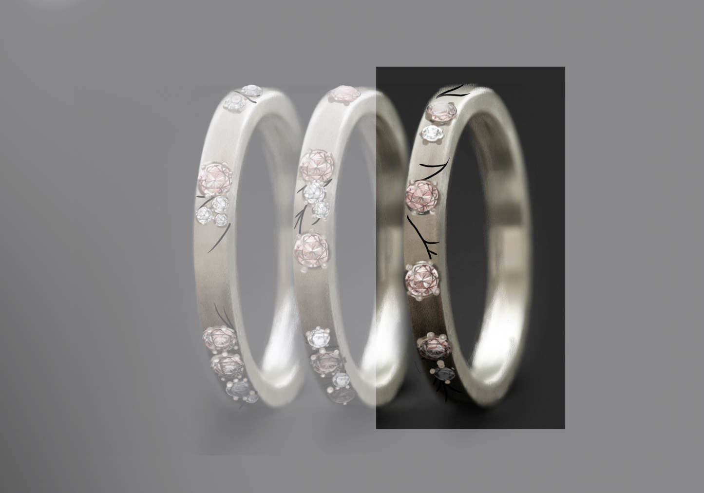 Anneau en argent (addon medium) Hanami 03 avec diamants et diamant rose Pur pour bague mood de luxe