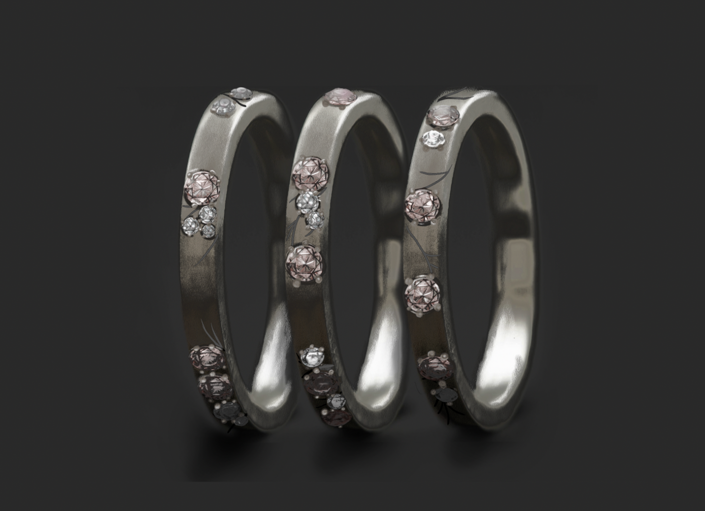Set von 3 Innenringen aus 18K Graugold (3 Medium Addons) Hanami mit Diamanten und "Pur" rosa Diamanten für mood Luxus-Ring