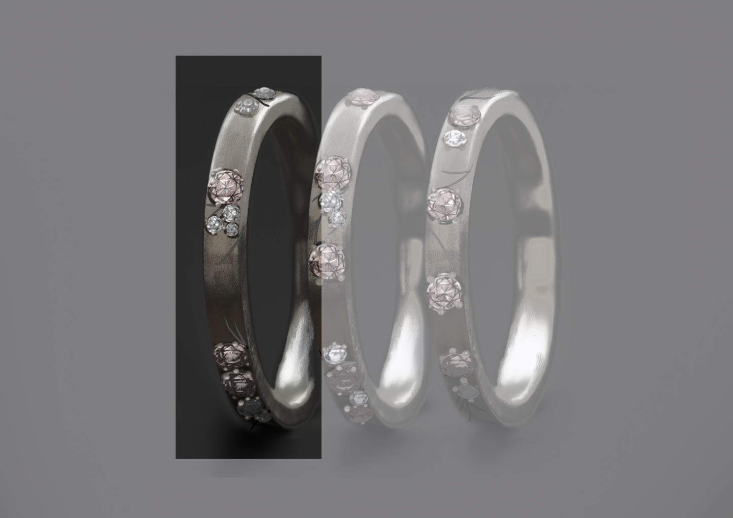 Anneau en or gris 18k (medium) Hanami 01 avec diamants et diamants roses Purs pour bague mood de luxe