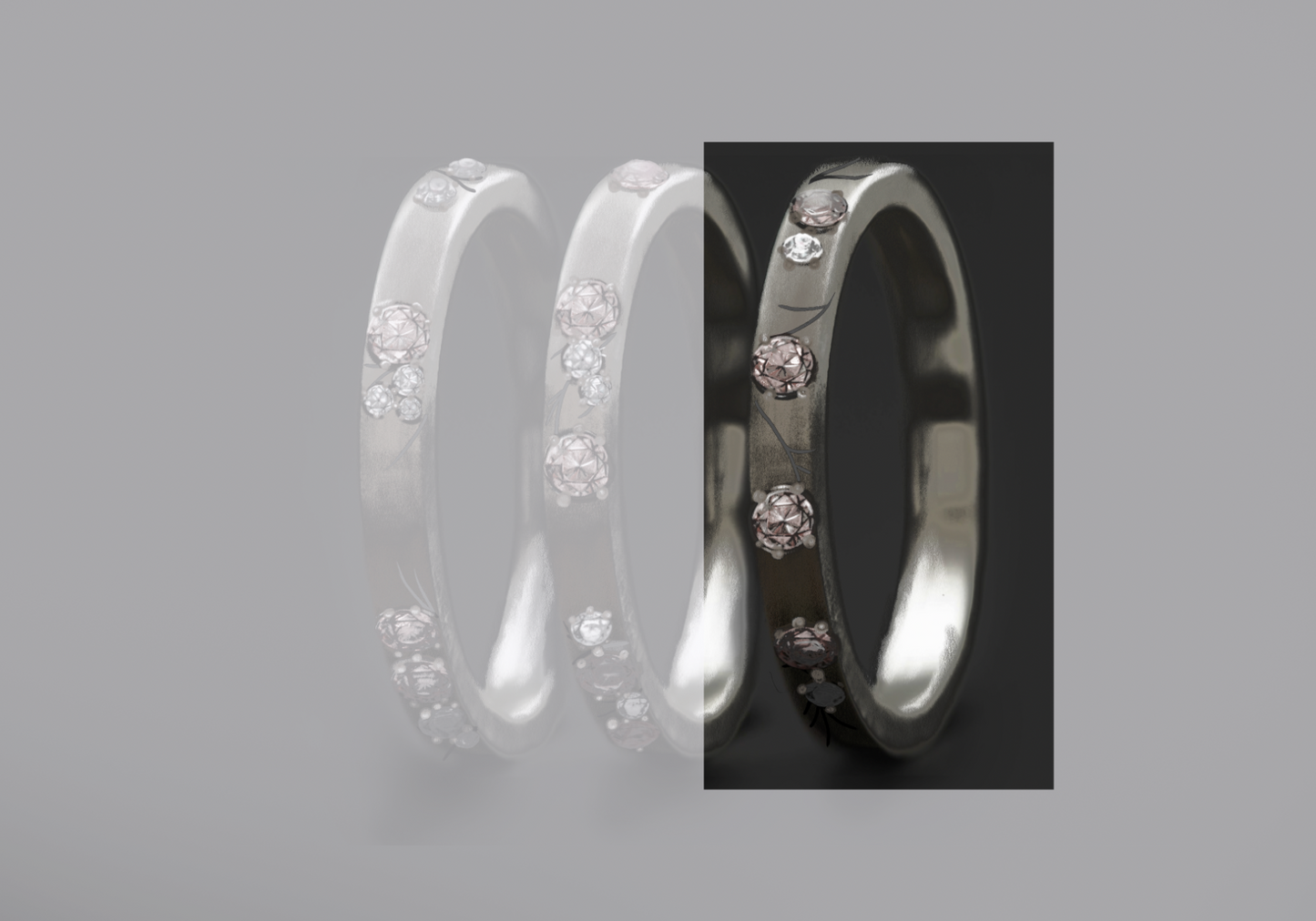 Anneau en or gris 18k (medium) Hanami 03 avec diamants et diamants roses Purs pour bague mood de luxe
