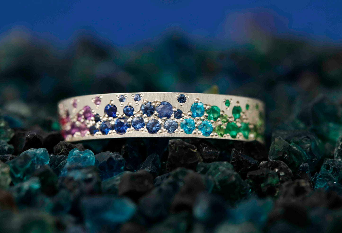 Bague luxe pour femme - Anneau en argent (addon) Yarrow "Arc-en-Ciel" avec diamants et pierres précieuses 