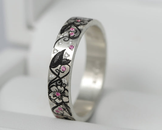 Addon en argent serti de diamants blancs et saphirs roses "Éclosion"