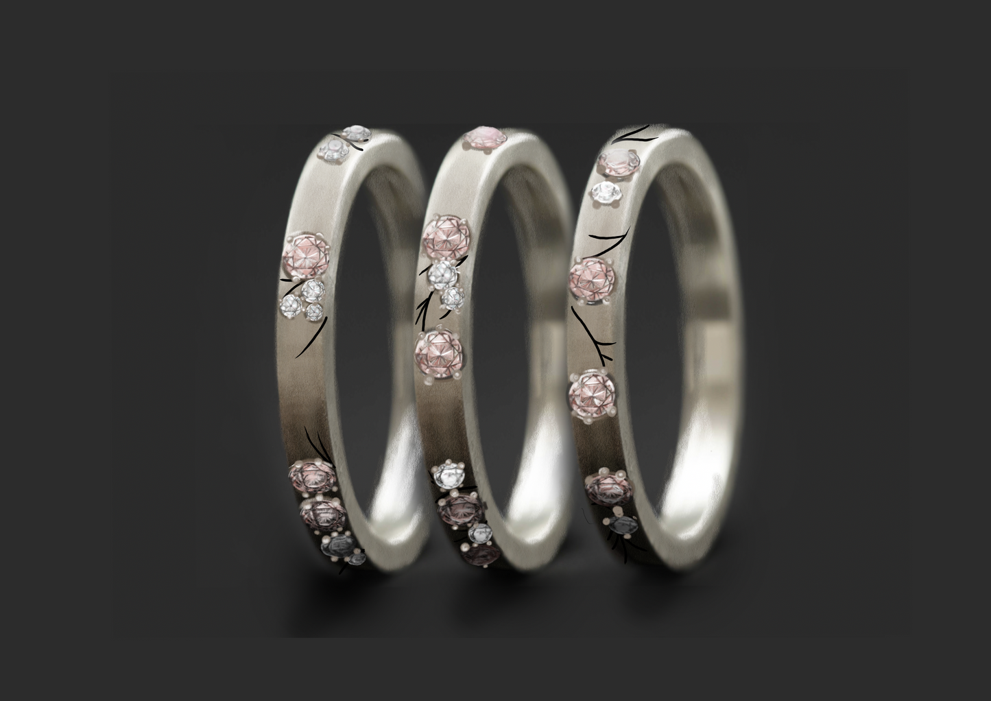Set von 3 Innenringen aus Silber (3 Medium Addons) Hanami mit Diamanten und "Pur" rosa Diamanten für mood Luxus-Ring