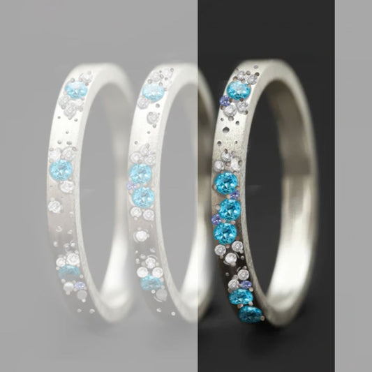 Anneau en argent (addon medium) Oygene 03  avec topazes, diamants et saphirs bleus clairs  pour bague mood de luxe