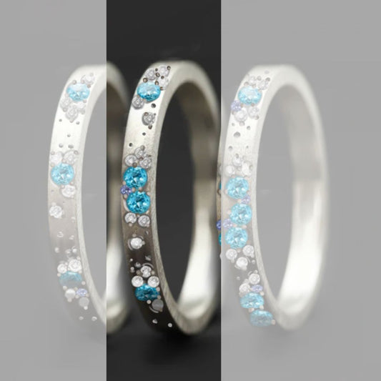 Anneau en argent (addon medium) Oygene 02  avec topazes, diamants et saphirs bleus clairs  pour bague mood de luxe