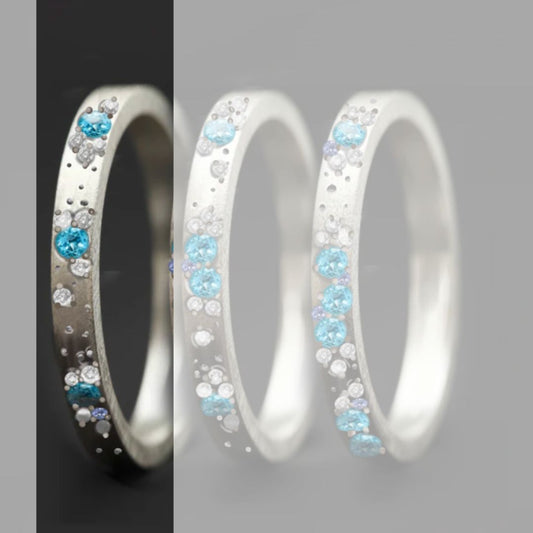 Anneau en argent (addon medium) Oygene 01  avec topazes, diamants et saphirs bleus clairs  pour bague mood de luxe