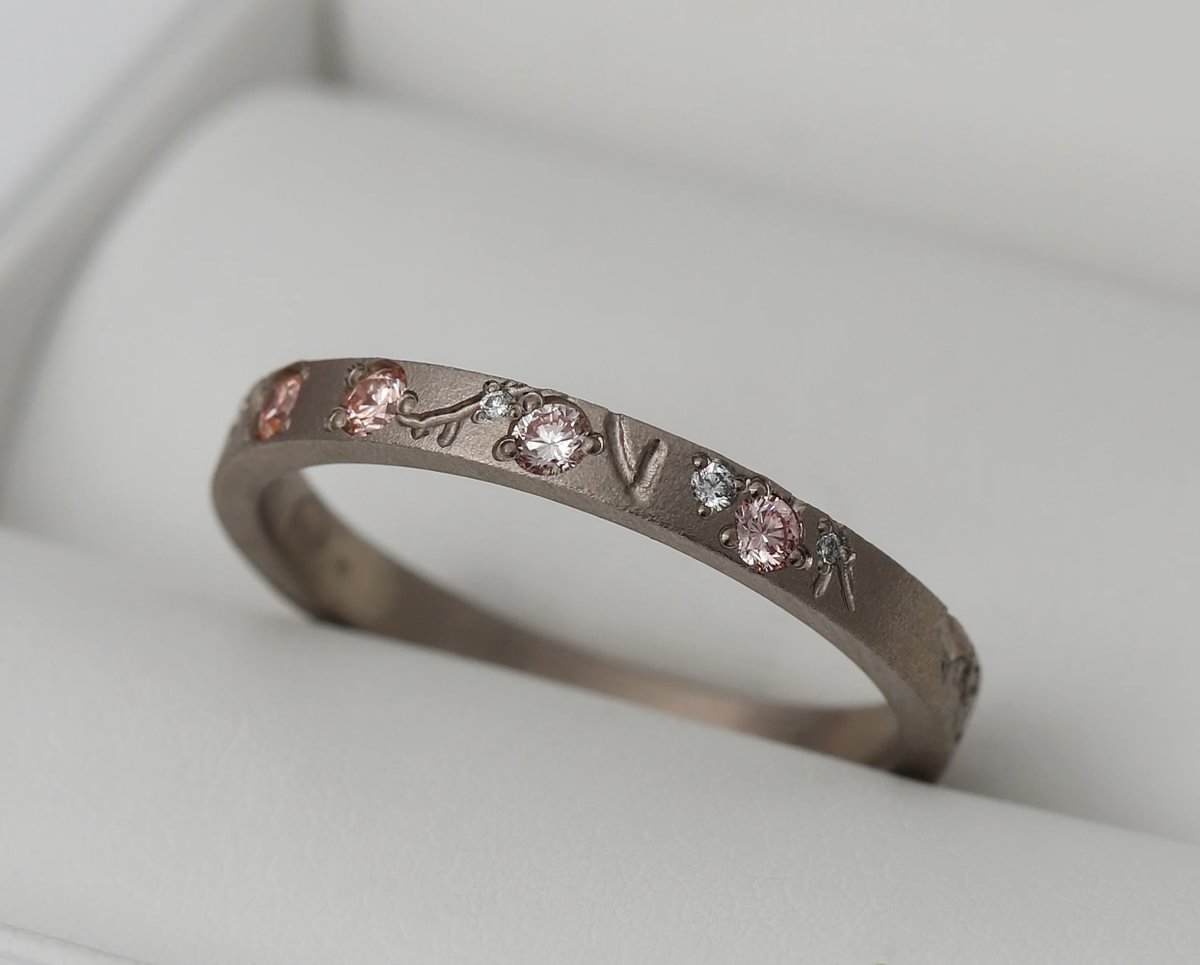 Anneau en or gris 18k (medium) Hanami 03  avec diamants  et diamants roses Purs pour bague mood de luxe