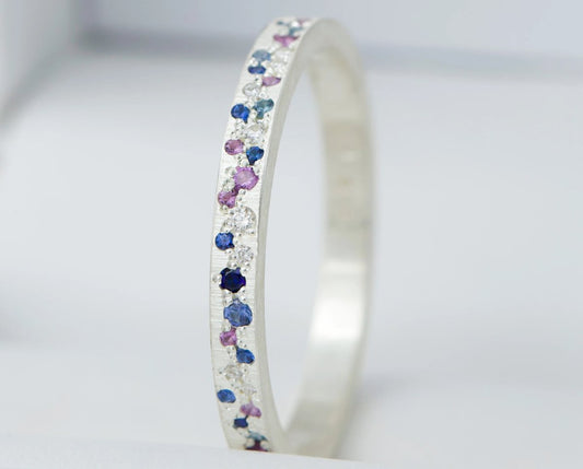 Bague luxe pour femme - Anneau en argent (medium ) Yarrow "D'été" avec diamants, saphirs et améthystes